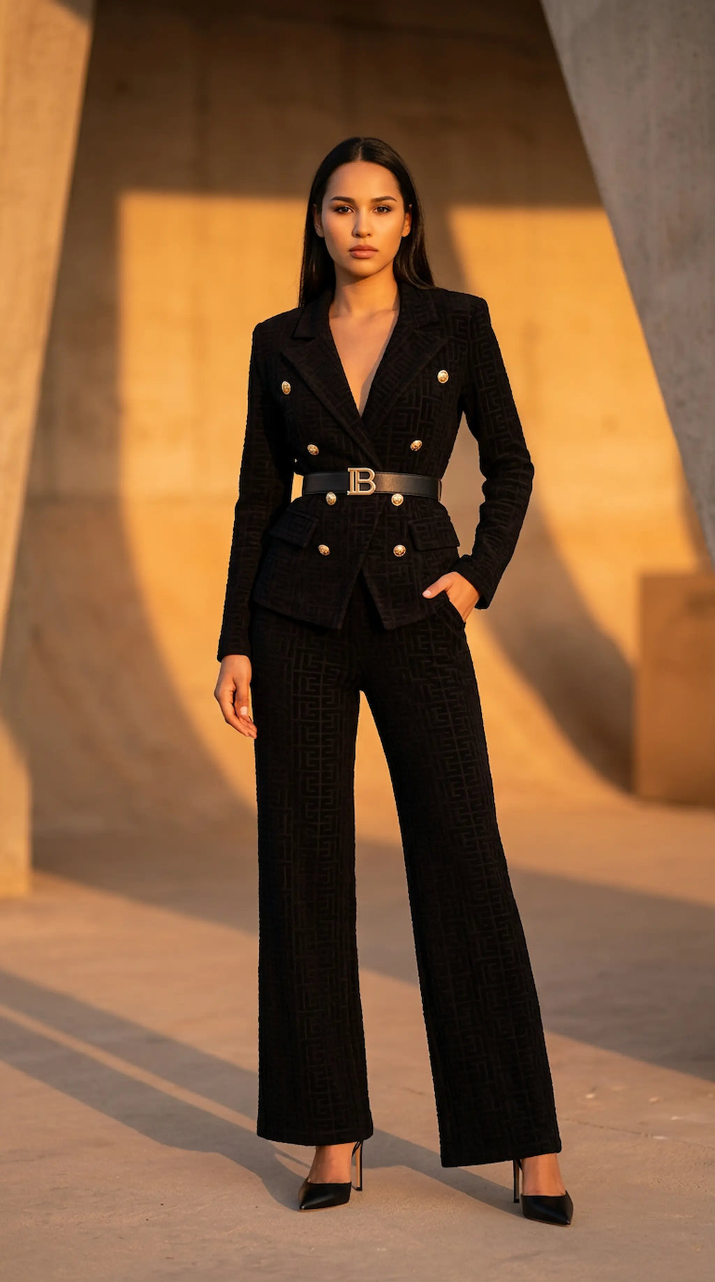 Woman wearing a black suit with a belt in an architectural setting